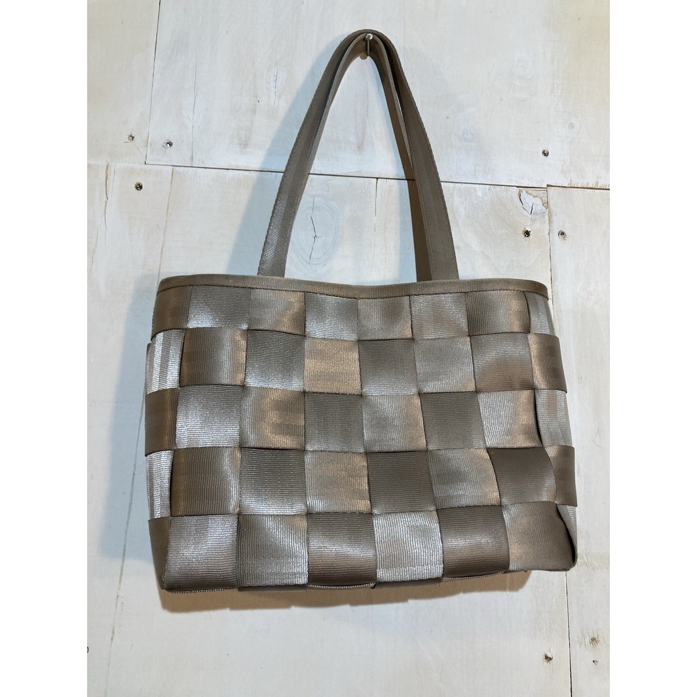 Y2K Vintage Harveys Seatbelt Bag Woven Tote Champagne Taupe Metallic Shoulder - Picture 6 of 9